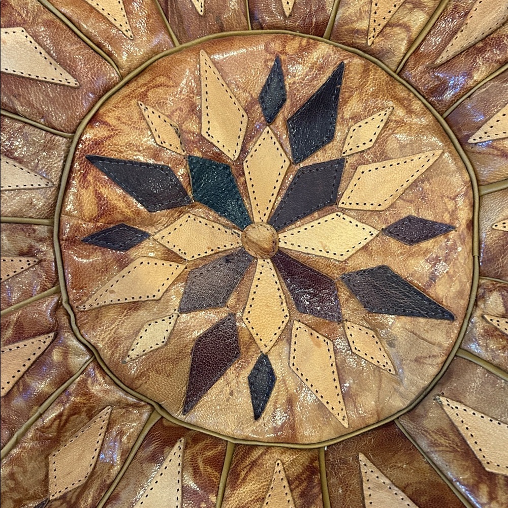 Artisan Leather Pouf Cover with Geometric Design